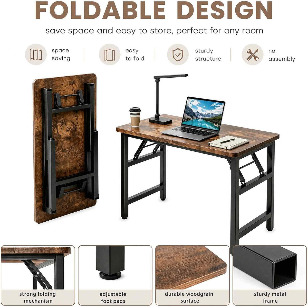 Folding Desk,31.5 Inch No Assembly Folding Computer Desk, Space-Saving Small Desk for Home Office Bedroom Dorm Study