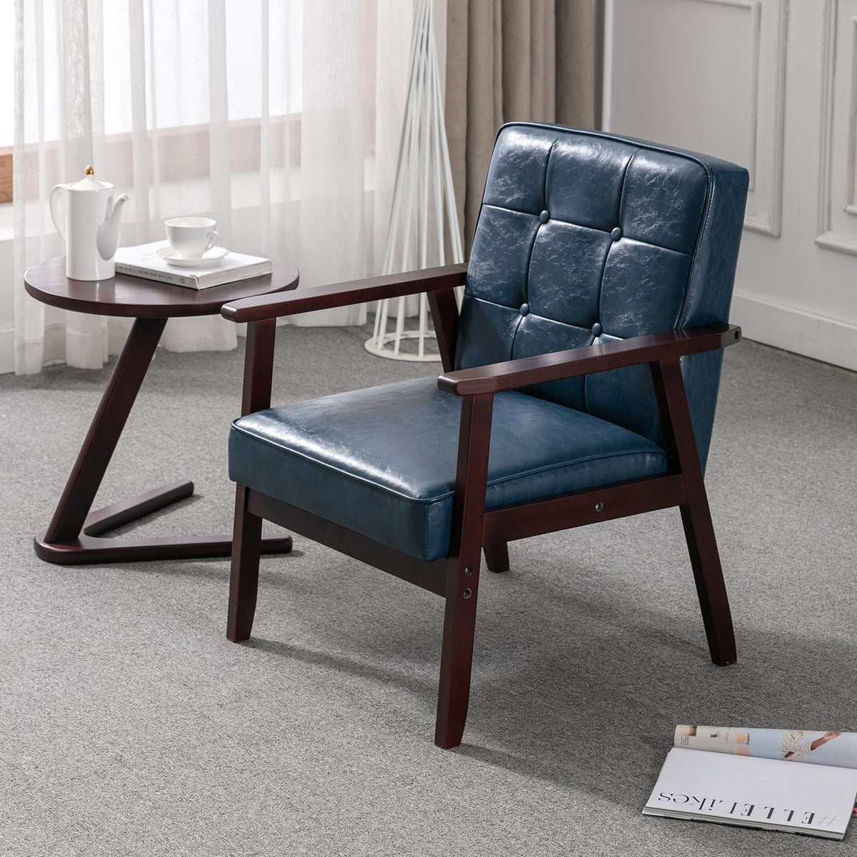 Modern Accent Chairs, Retro Wood and Leather Armchairs Side Chair