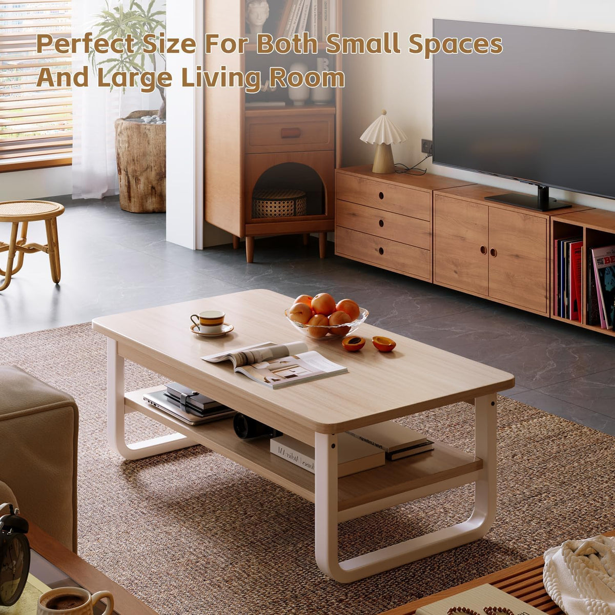 Coffee Table for Living Room with 2-Tier Storage Shelf, 39 inch Rectangular Wooden Center Table