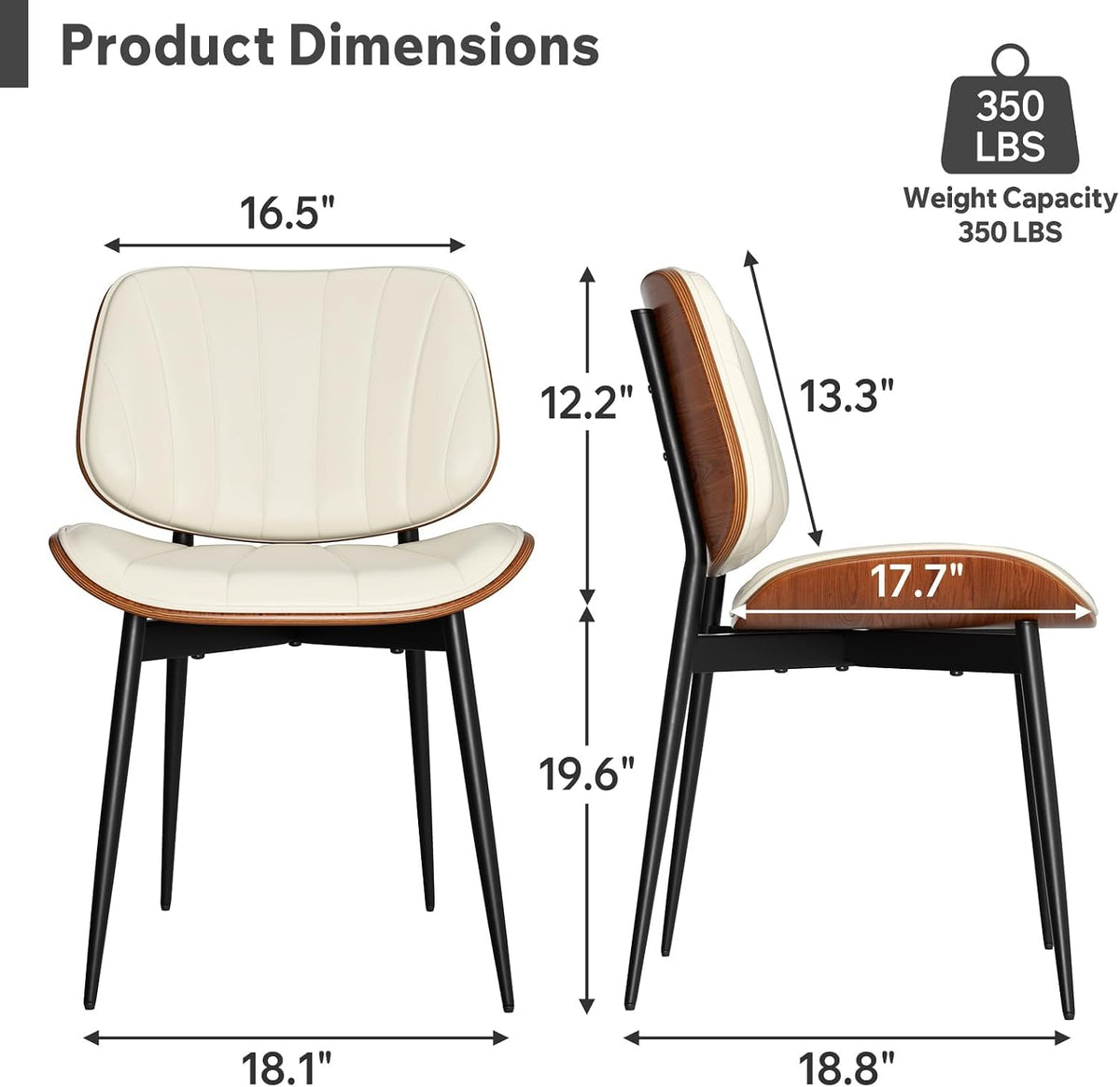 Dining Chairs Set of 2, Modern Dining Room Chairs, Upholstered Faux Leather Kitchen Chairs with Walnut Bentwood Back and Metal Legs