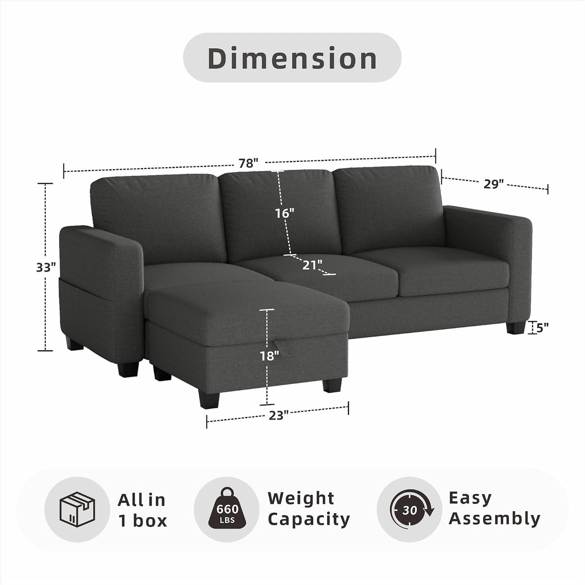 78" Dark Gray L Shaped Sectional Sofa Couch with Storage Ottoman