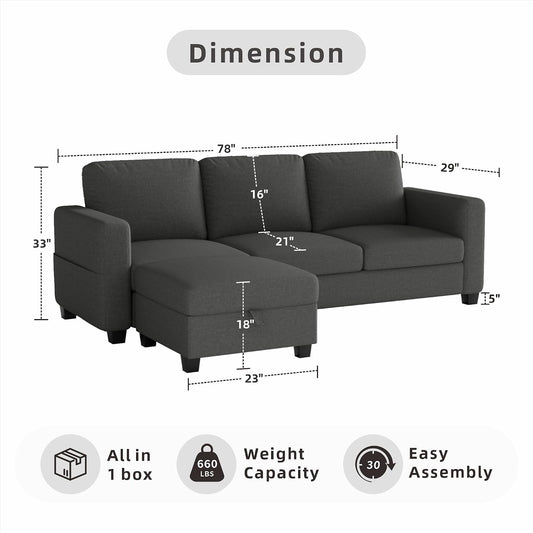 78" Dark Gray L Shaped Sectional Sofa Couch with Storage Ottoman