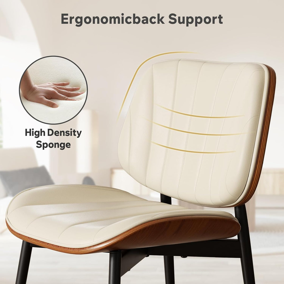 Dining Chairs Set of 2, Modern Dining Room Chairs, Upholstered Faux Leather Kitchen Chairs with Walnut Bentwood Back and Metal Legs