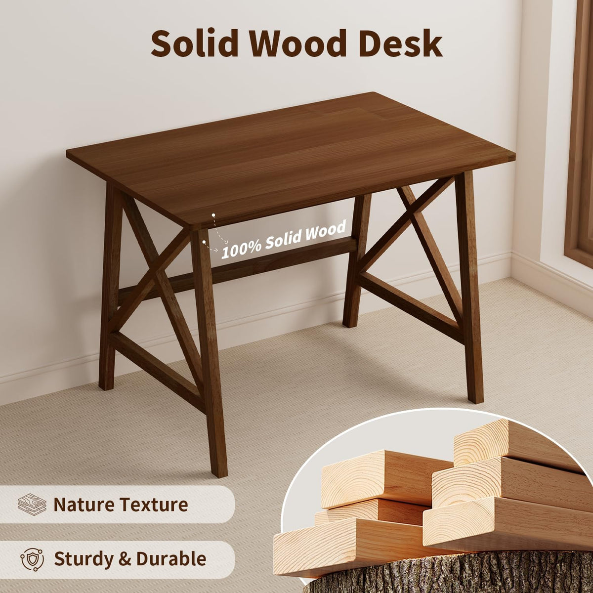 Modern Simple Solid Wood Desk, 36" W x 24" D, Walnut