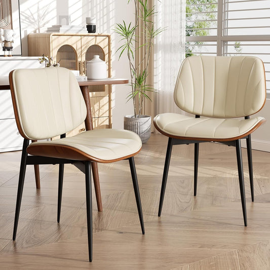 Dining Chairs Set of 2, Modern Dining Room Chairs, Upholstered Faux Leather Kitchen Chairs with Walnut Bentwood Back and Metal Legs