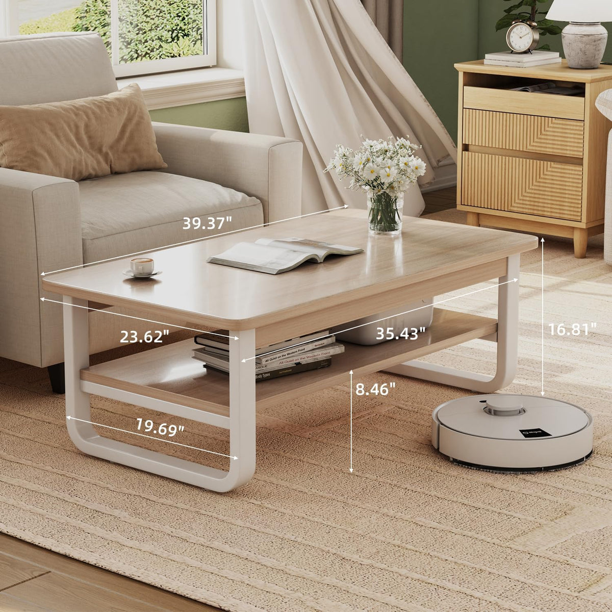 Coffee Table for Living Room with 2-Tier Storage Shelf, 39 inch Rectangular Wooden Center Table