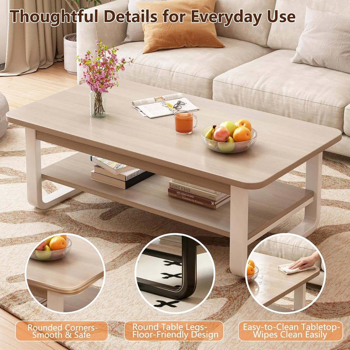 Coffee Table for Living Room with 2-Tier Storage Shelf, 39 inch Rectangular Wooden Center Table