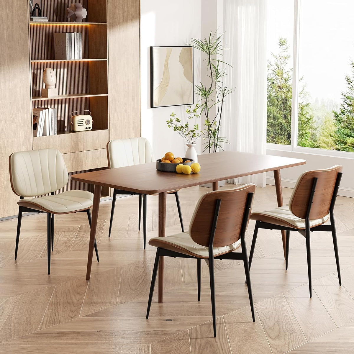 Dining Chairs Set of 2, Modern Dining Room Chairs, Upholstered Faux Leather Kitchen Chairs with Walnut Bentwood Back and Metal Legs