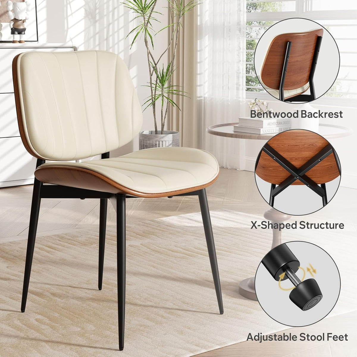 Dining Chairs Set of 2, Modern Dining Room Chairs, Upholstered Faux Leather Kitchen Chairs with Walnut Bentwood Back and Metal Legs