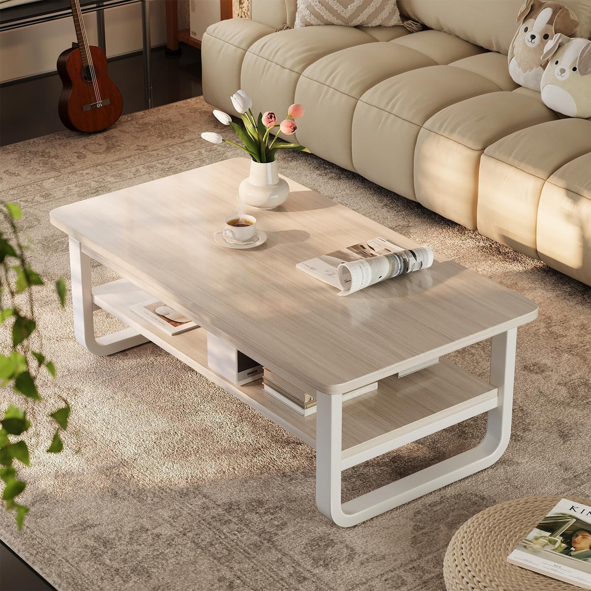 Coffee Table for Living Room with 2-Tier Storage Shelf, 39 inch Rectangular Wooden Center Table