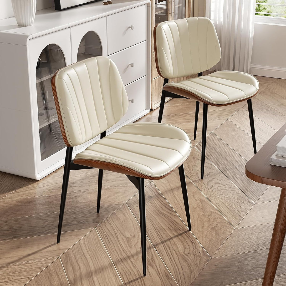 Dining Chairs Set of 2, Modern Dining Room Chairs, Upholstered Faux Leather Kitchen Chairs with Walnut Bentwood Back and Metal Legs