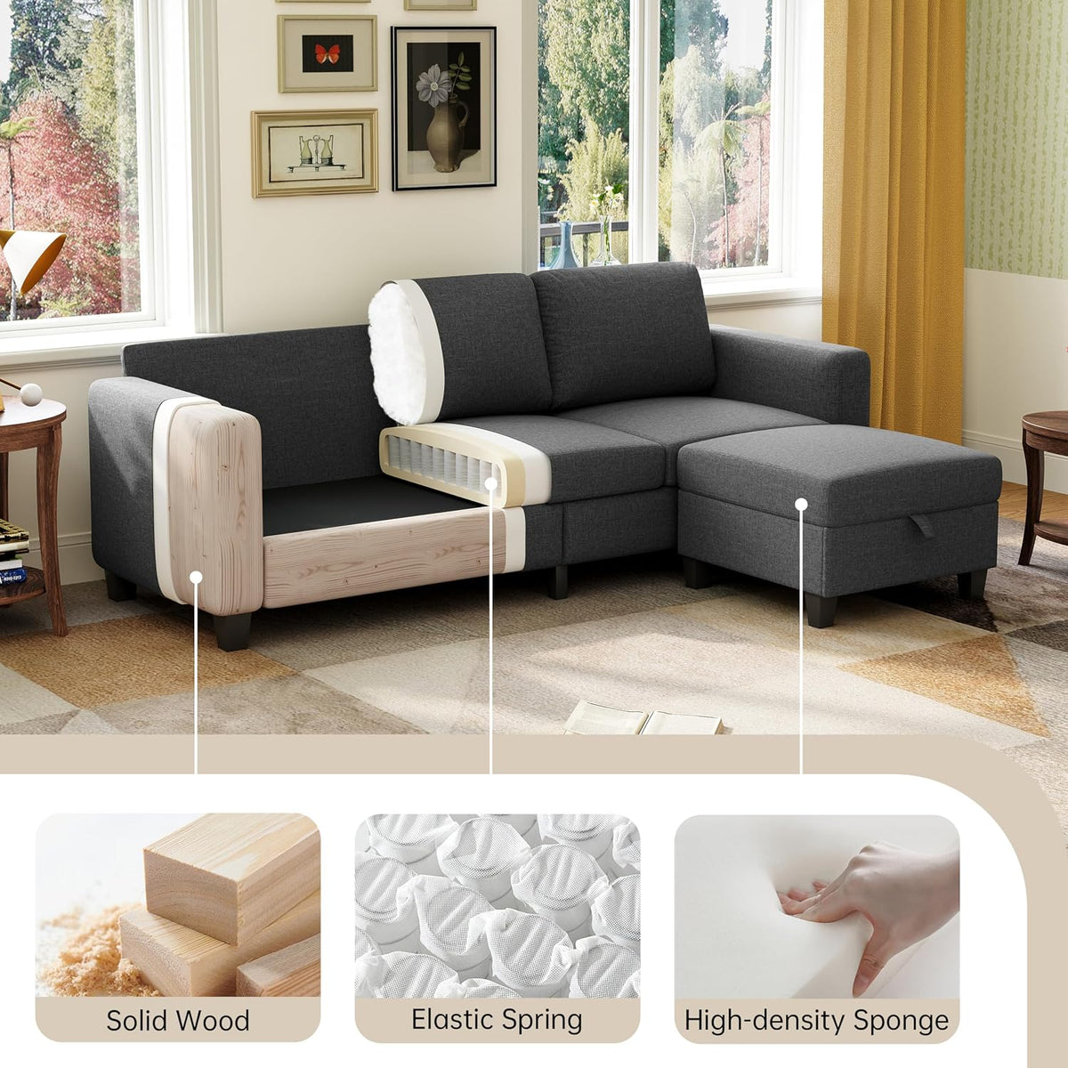 78" Dark Gray L Shaped Sectional Sofa Couch with Storage Ottoman