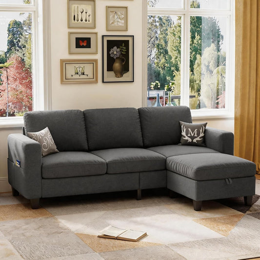 78" Dark Gray L Shaped Sectional Sofa Couch with Storage Ottoman