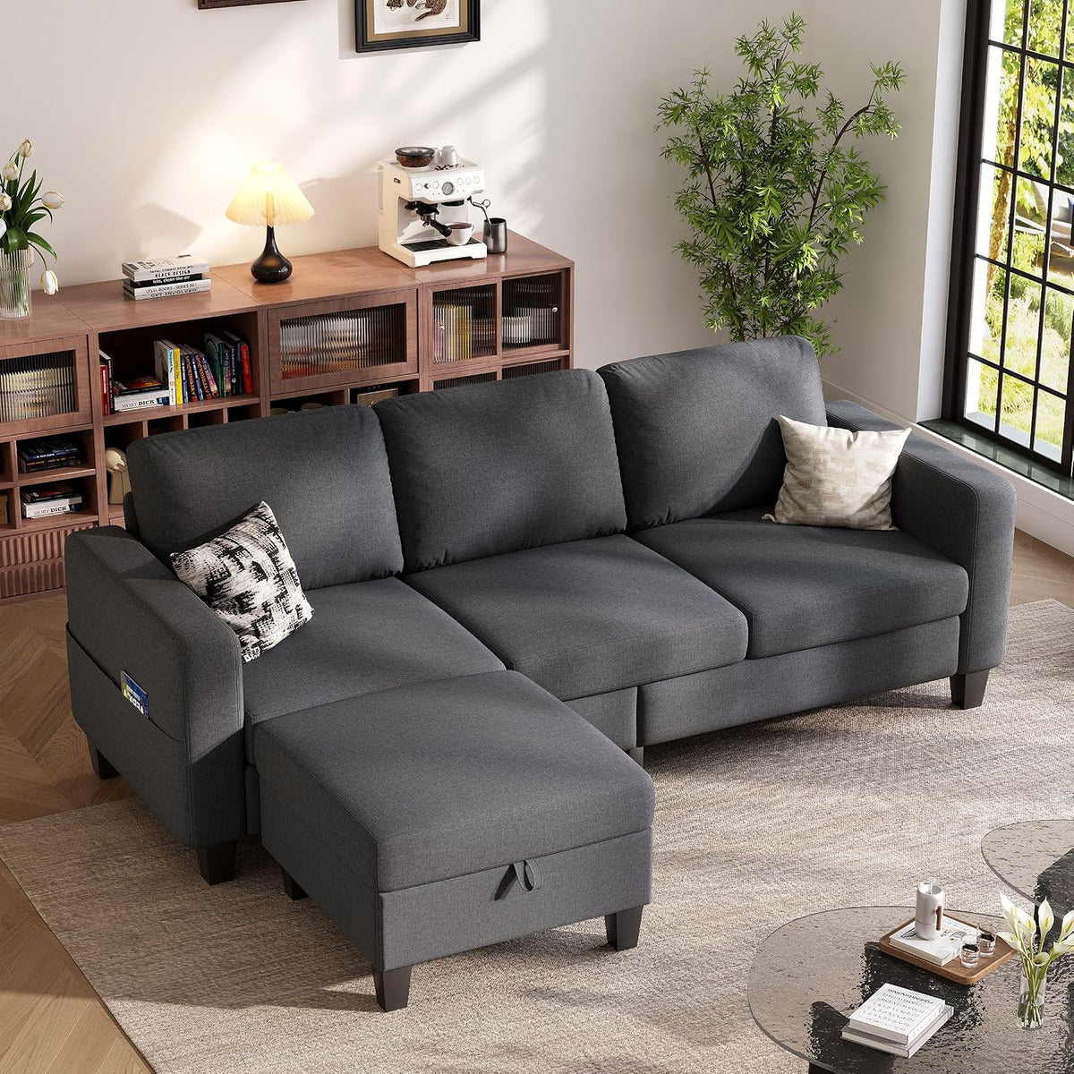 78" Dark Gray L Shaped Sectional Sofa Couch with Storage Ottoman